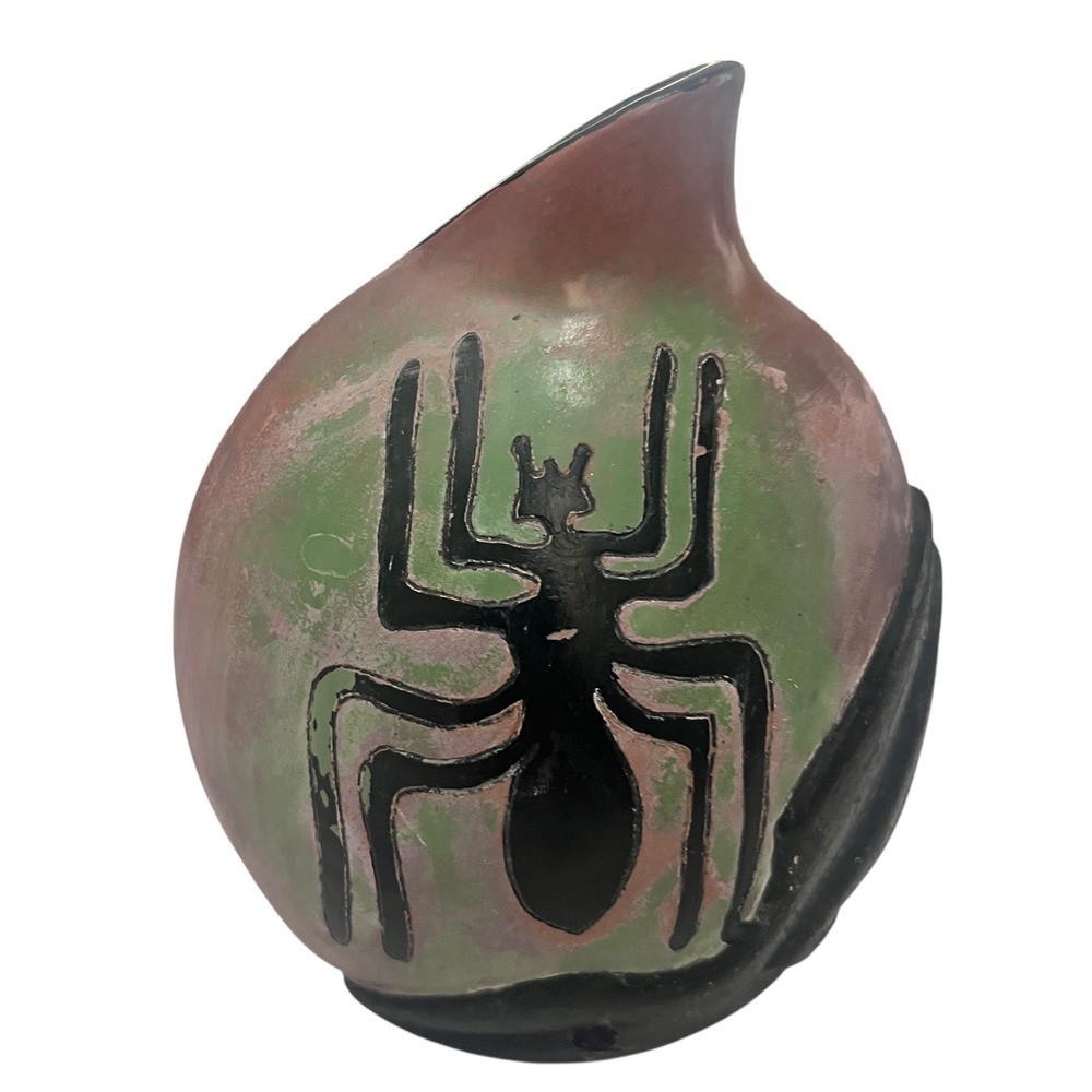 Signed Studio Pottery Asymmetrical Vase Spider Kokopelli Sgraffito Ceramic 5.5"